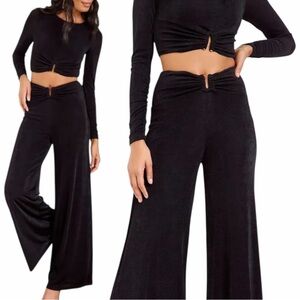 NWT Fab’rik “Sidle” Co-Ord Black Crop Top Wide Leg Pants Set